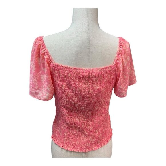 Lush Floral Ruched Front Blouse~Size Medium~Pink Smocked Back Top NWOT  L13 16 - Picture 5 of 11